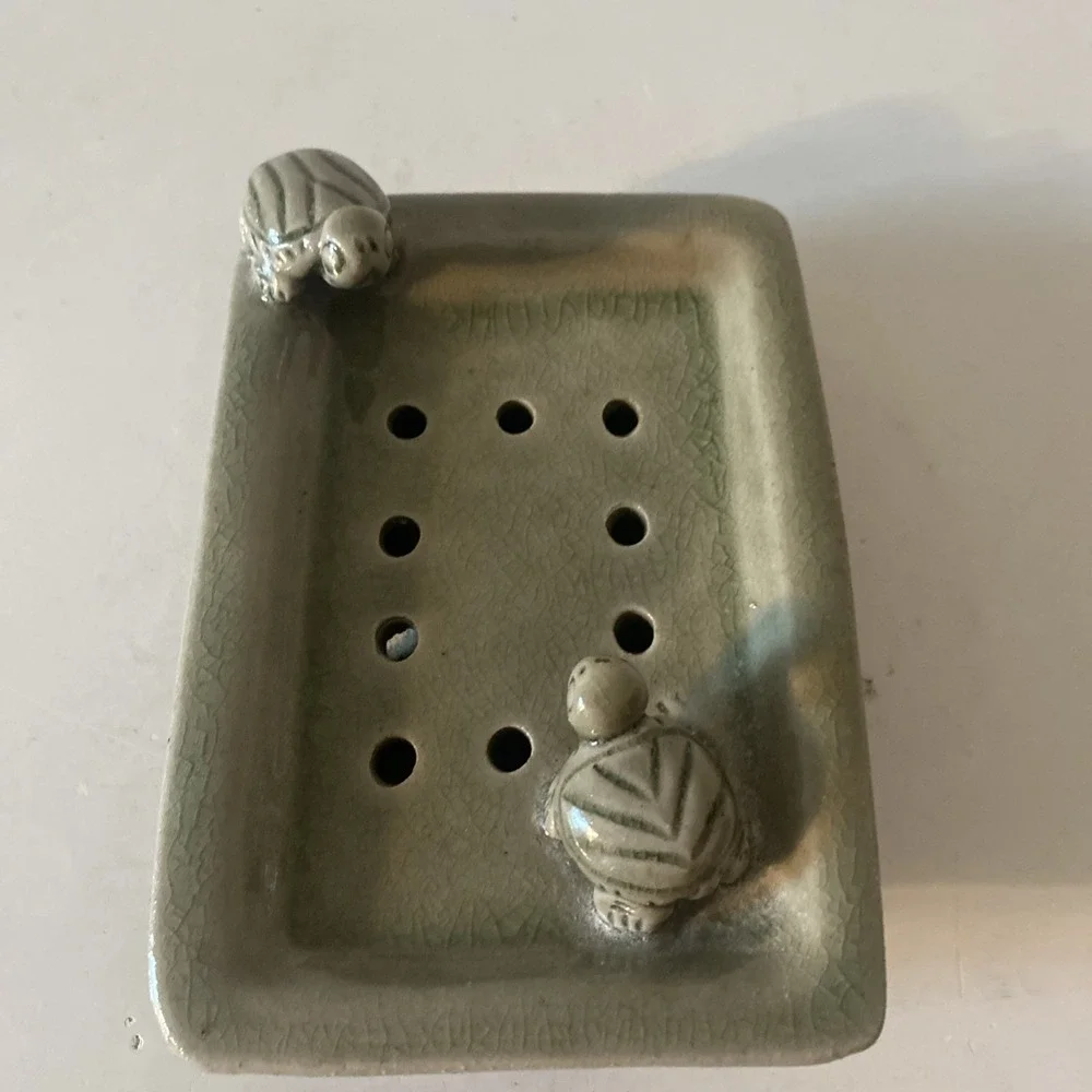 Whimisical Sage Green Soap Dish With Drain Holes Turtles Glazed Pottey
